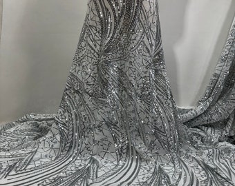 Silver Sequin on White Stretch Mesh Lace Fabric/ Sequin Fabric, Sequin for Prom, Tops, Evening grown, Wedding Dresses- Per Yard