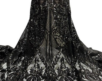 Black Sequin Mesh Lace Fabric- Stretch Sequin Dance Costume material | Evening dress | Prom, Bridal & Party Wear Fabric-Per Yard