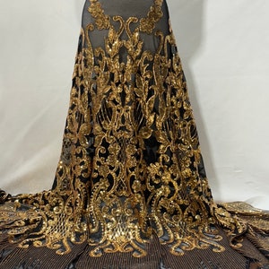 Gold Stretch Sequin Fabric/ 4 Way Black Stretch Mesh with Gold Sequin/ Stretch Gold Lace Fabric/Shiny Gold Sequins Lace- Per Yard