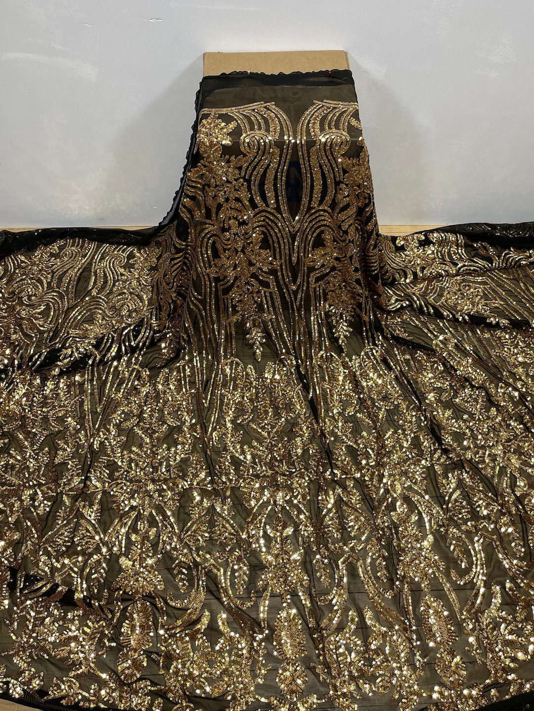 GOLD Stretch Sequin Fabric/gold Sequin/4 Way Black Stretch Mesh With Gold Sequin/ Stretch Gold