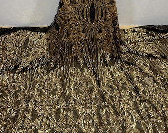 GOLD Stretch Sequin Fabric/Gold Sequin/4 Way Black Stretch Mesh with Gold Sequin/ Stretch Gold Lace Fabric/Shiny Gold Sequins Lace- Per Yard