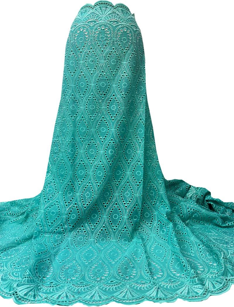 Turquoise Swiss Voile Lace- Soft Hand feel White Cotton Lace Embroidery with Stone| Fabric For African Wedding, Dresses- 5 Yards.