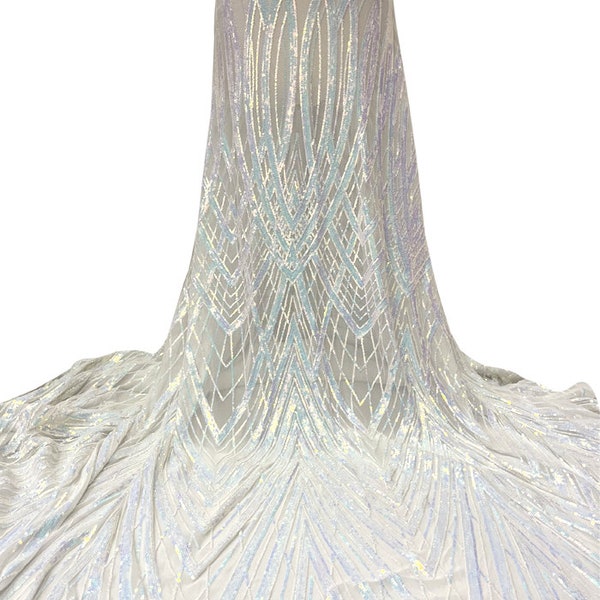 White Iridescent stretch Sequin Fabric/ 4 Ways Stretch Sequin/Prom Dress Sequin Fabric/Sequins Fabric/bridal Stretch Sequin-By Yard
