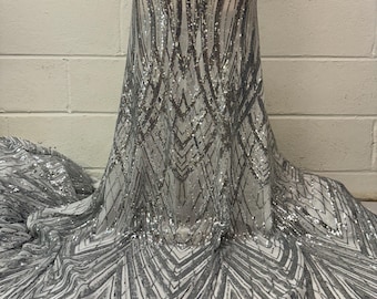 Silver sequin Mesh Lace - 4 Way stretch Mesh 52” Width - Fabric for Prom Dress, Gowns, Dance Wear, Costumes design, Decoration-By Yard