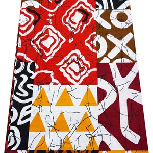 African Wax Print Style Fabric | Red Mustard Black Abstract Block Pattern| Bold Geometric Patchwork Fabric 45” width | Sale by 3 or 6 yards.