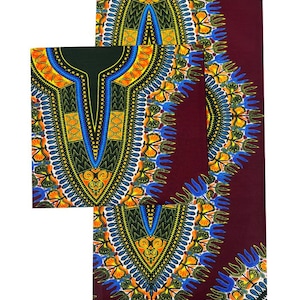 May include: A maroon fabric with a vibrant, colorful pattern. The design features a central panel with a detailed neckline and geometric shapes, framed by intricate floral and abstract motifs in blue, yellow, and orange. The fabric is likely used for clothing or textiles.