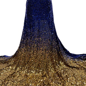Royal Blue-Gold Stretch Sequin/ Custom Design Sequin Black Stretch Mesh Gold- Royal Blue ombre Sequin Fabric/ Sequin Fabric-Per Yard.