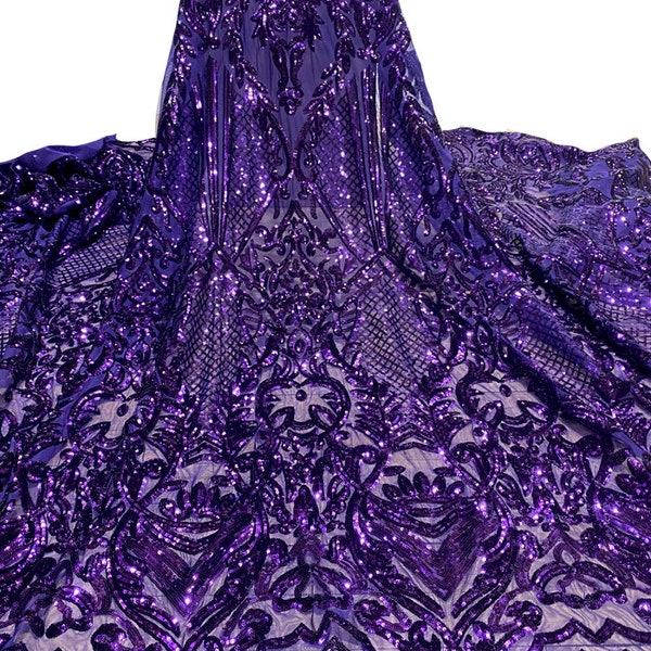 High Quality Purple Stretch Sequin 4 Way Stretch Mesh/ Purple Sequin Lace/Wedding Lace/Sequin Lace Fabric/Purple Stretch Sequin-by Yard