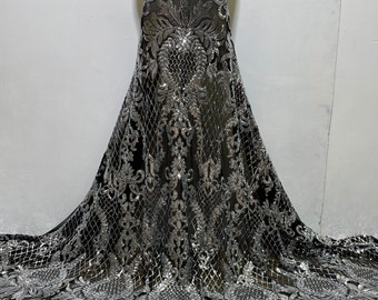 Silver Sequin Fabric/4 Way Stretch Black Mesh & Silver 3mm Sequin/Stretch Sequin in Silver/Silver Sequin For Prom, Wedding, Evening Grown.