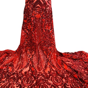 RED Exotic Stretch Sequin Lace Fabric/ Stretch Sequins Fabric/ Red Sequin Lace/Wedding Lace/Sequin Lace Fabric/Hot Sell Sequins-by Yard