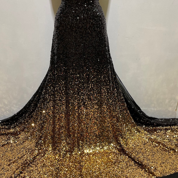 Gold and Black Stretch Sequin/ Custom Design Sequin Black Stretch Mesh Gold & Black ombre Sequin Fabric/Sequin Fabric/Gold Black-Per Yard.