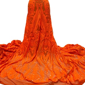 Orange Stretch Sequin Mesh Lace Fabric | Perfect for Party dresses, evening gowns, tops, prom dress- 52” width sell by Yard.
