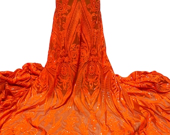 Exotic & Bright Orange Stretch Sequin Fabric/Orange Stretch Sequin/Sequin for Prom Dresses, Wedding Grown, Shiny Orange Sequin-Per yard