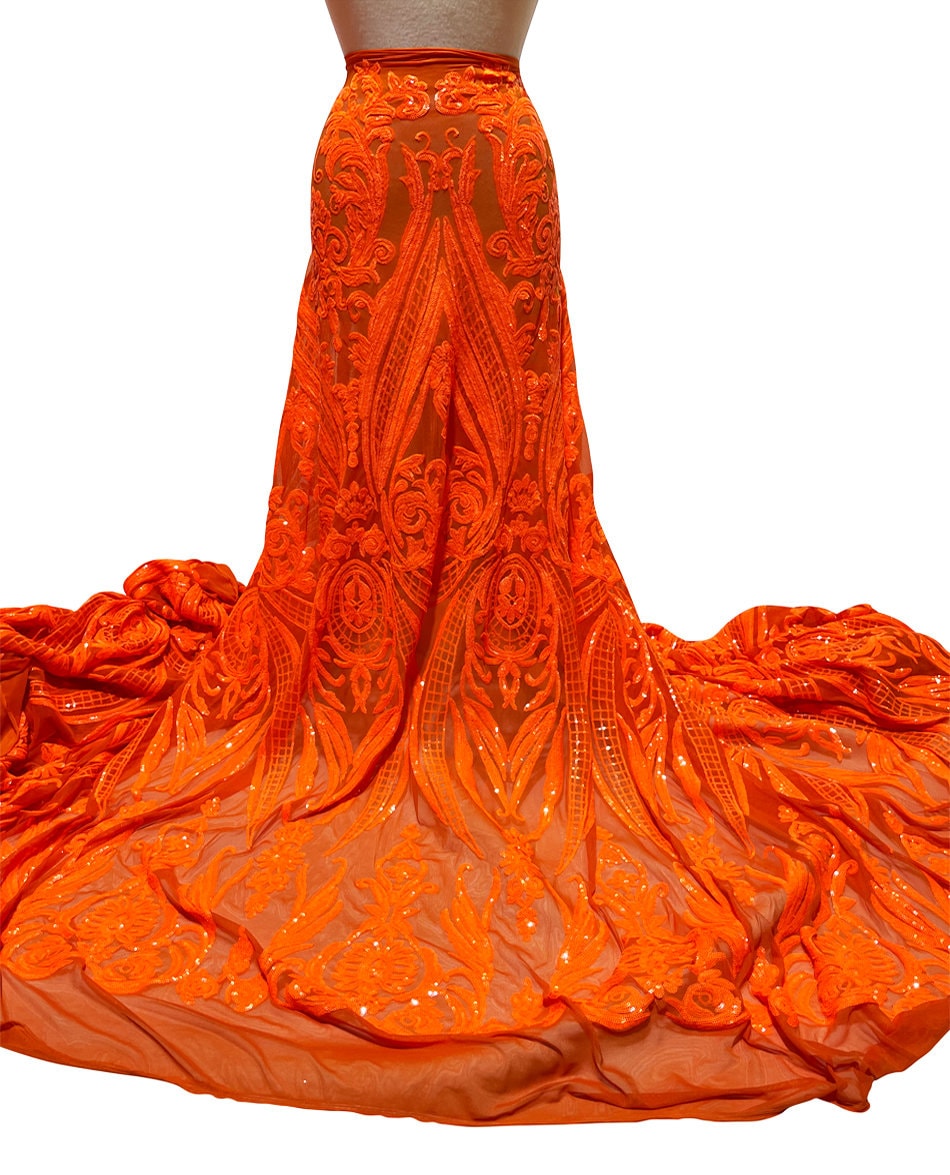 open lace back dress V-Neck Orange Beaded Tulle Ruffles Sequin Prom Dresses main image 1