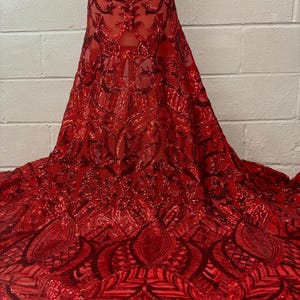 Red Stretch Sequin Lace Fabric-Sold by the Yard-52&quot; Width