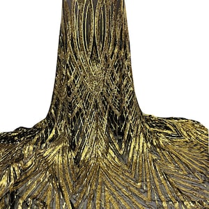 Gold Stretch Sequin Fabric/ 4 Way Black Stretch Mesh with Gold Sequin/ See Through Black Stretch Mesh & 3mm Gold Sequin/Gold Sequins-By Yard
