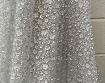 White Sequin beaded Lace Fabric | Beaded Sequin Embroidery Lace 52" Width Material for Bridal Dress, Prom, Wedding Dresses -Sold by Yard