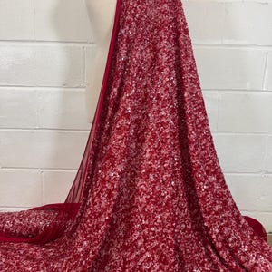 Red Multi Dimentional Sequin & Beads Stretch Mesh Lace Fabric-Perfect for Prom,Grown, bridal DIY Craft- 52&quot; Width-Per Yard