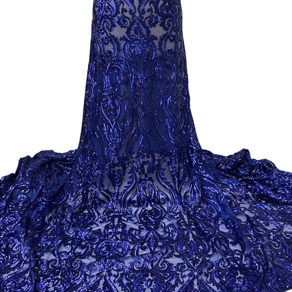 Royal Blue Stretch Sequin Fabric/ Stretch Sequins/ Royal Blue Sequin/Prom, Wedding, Evening Grown- Sequin Fabric 4 Way Stretch Mesh-Per Yard