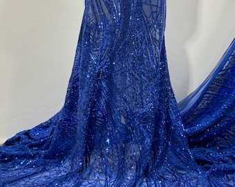 Royal Blue Stretch Sequin Fabric/ Stretch Sequins/ Royal Blue Sequin/Prom, Wedding, Evening Grown- Sequin Fabric 4 Way Stretch Mesh-Per Yard