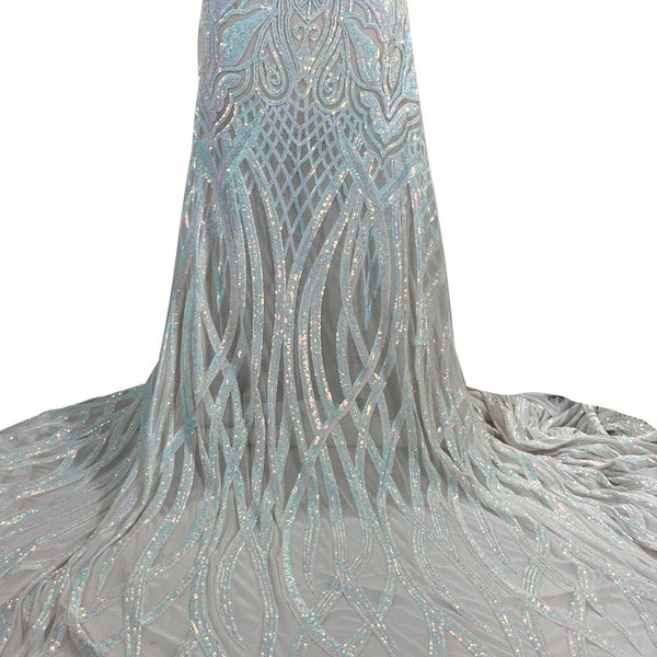 White Iridescent stretch Sequin Fabric/ 4 Ways Stretch Sequin/Prom Dress Sequin Fabric/Sequins Fabric/bridal Stretch Sequin-By Yard