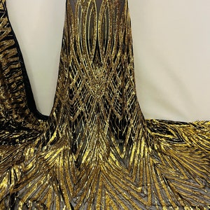 Curvy Design Sequins Fabric - Gold on Black - 4 Way Stretch Curvy Sequins Design Mesh Fabric by Yard main image 1