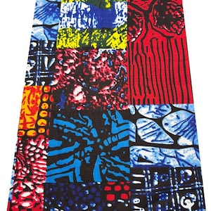 African Wax Print Style Fabric |  Red Blue Yellow Abstract Block Pattern| Bold Patchwork Fabric 45” width | Sale by 3 or 6 yards.