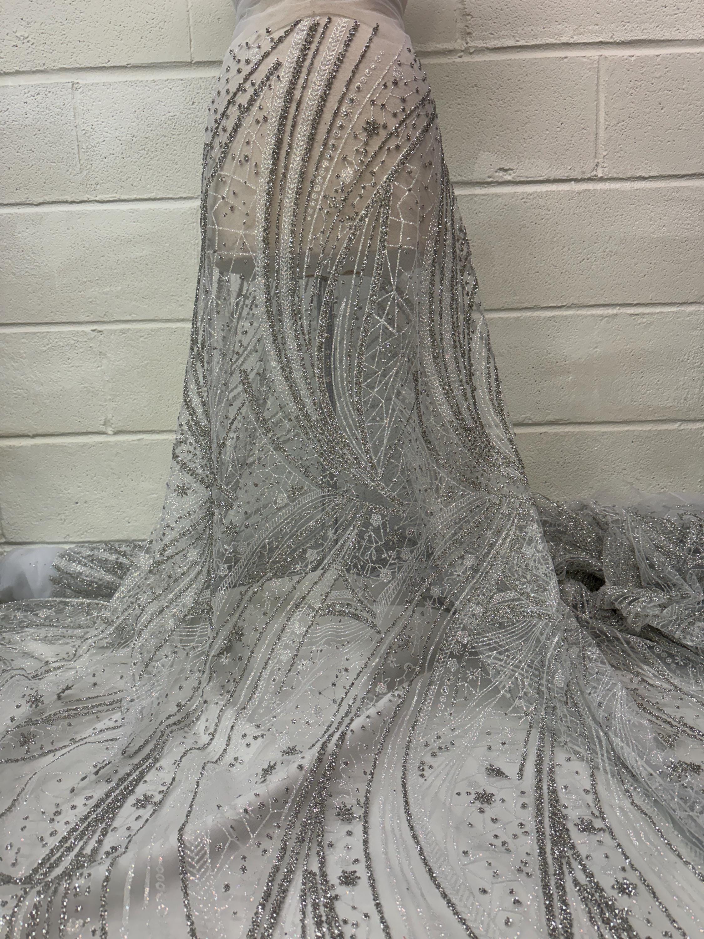 White Rhinestone Mesh Silver & White Rhinestones Glitter Lace Mesh Fabric 50” Sold by the ...