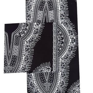 May include: Black and white patterned fabric with an intricate design. The fabric features a repeating pattern of stylized shapes and lines, creating a bold and graphic look. The fabric is likely used for clothing or home decor.