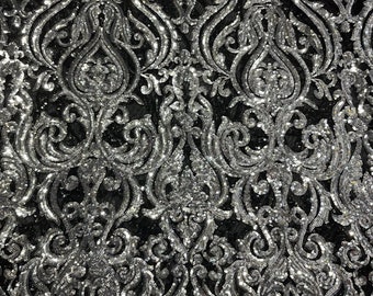 Silver Sequin 4 Way Stretch Black Mesh Lace Fabric 54" width sold by the Yard