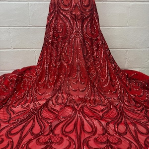 Red Stretch Sequin Mesh Lace Fabric-Red Sequin-Perfect for Prom, Gowns, Dresses, Costumes & decor-52&quot; Width Sold By The Yard