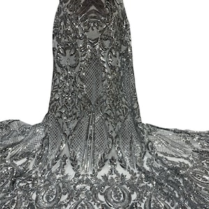 Silver Stretch Sequin Fabric/ 4 Way white Stretch Mesh with Silver Sequin/ Stretch Silver Lace Fabric/Shiny Sliver Sequins Lace- Per Yard