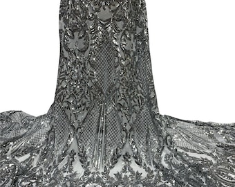 Silver Stretch Sequin Fabric/ 4 Way white Stretch Mesh with Silver Sequin/ Stretch Silver Lace Fabric/Shiny Sliver Sequins Lace- Per Yard