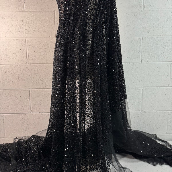 BLACK Heavy Beaded, Sequin Lace Fabric /Beads & Black Sequin With Sheer Mesh/Perfect for Prom, Evening Grown, bridal, Party Dress -Per Yard