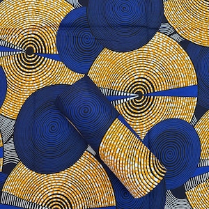 May include: A vibrant fabric featuring a repeating pattern of concentric circles in shades of navy blue, yellow, and black. The design includes curved lines and geometric shapes, creating a bold and eye-catching textile.