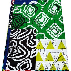 African Wax Print Style Fabric | Green Black White Abstract Block Pattern| Bold Geometric Patchwork Fabric 45” width | Sale by 3 or 6 yards.