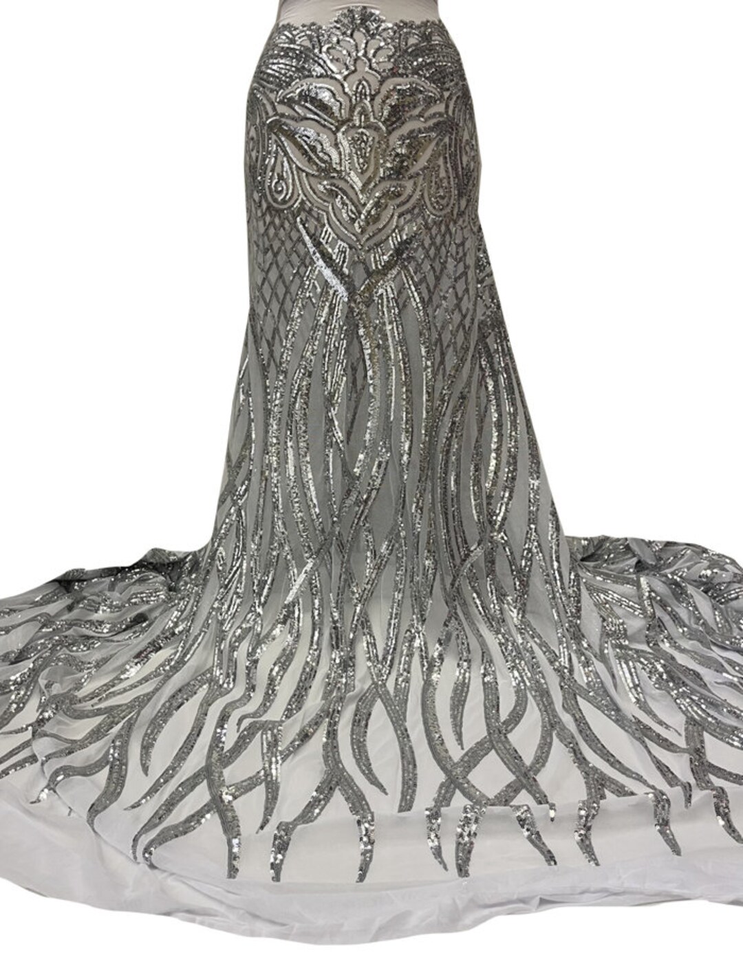 Silver Stretch Sequin Fabric/ 4 Way Silver Stretch Mesh With Silver Sequin/ Stretch Silver Lace ...