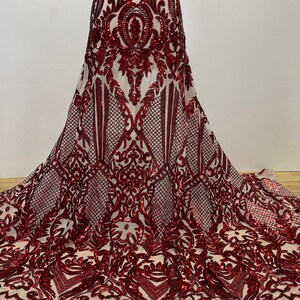 Stretch Sequin Lace Fabric/Nude 4 way stretch Mesh & Burgundy Sequin/  Stretch Sequins Lace Fabric For Wedding, Prom, Evening Dresses