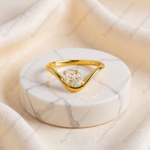 14k Gold Sideways Oval CZ Ring: Floating Gem Promise Ring