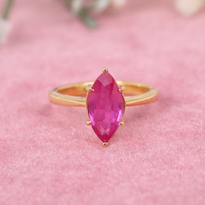 Delicate Pink Ruby Engagement Ring, Marquise Shape Bridal Ring, 18K Solid Yellow Gold Ring, July Birthstone Jewelry, Mothers Day Gift Ring