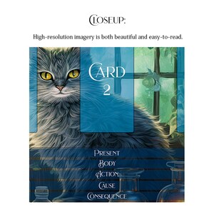 May include: A blue card with the word "CARD" and the number "2" printed on it. The card has a gray cat with yellow eyes on the left side of the card. The card also has the words "PRESENT", "BODY", "ACTION", "CAUSE", and "CONSEQUENCE" printed on it.