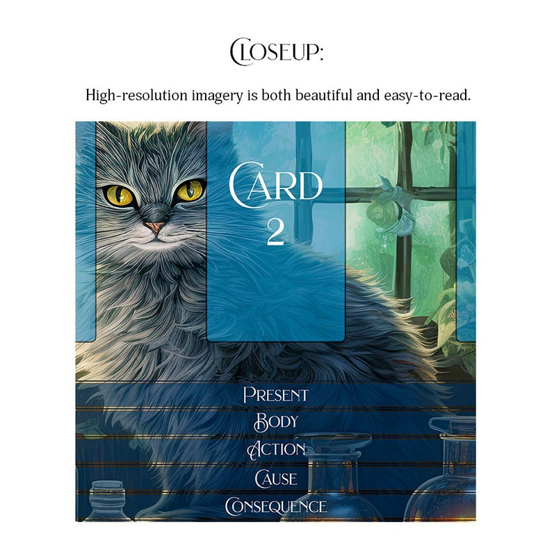 May include: A blue card with the word "CARD" and the number "2" printed on it. The card has a gray cat with yellow eyes on the left side of the card. The card also has the words "PRESENT", "BODY", "ACTION", "CAUSE", and "CONSEQUENCE" printed on it.