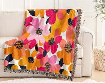 Retro Floral Woven Cotton Throw Blanket: Bold Mid-Century Modern Decor