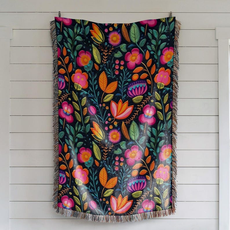 Personalized Mexican Folk Art Blanket: Floral Woven Cotton Throw, Boho Home Decor image 9