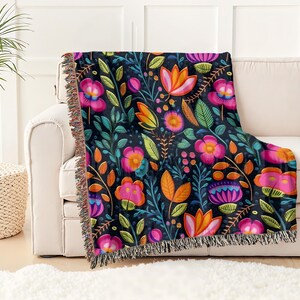 Personalized Mexican Folk Art Blanket: Floral Woven Cotton Throw, Boho Home Decor image 15