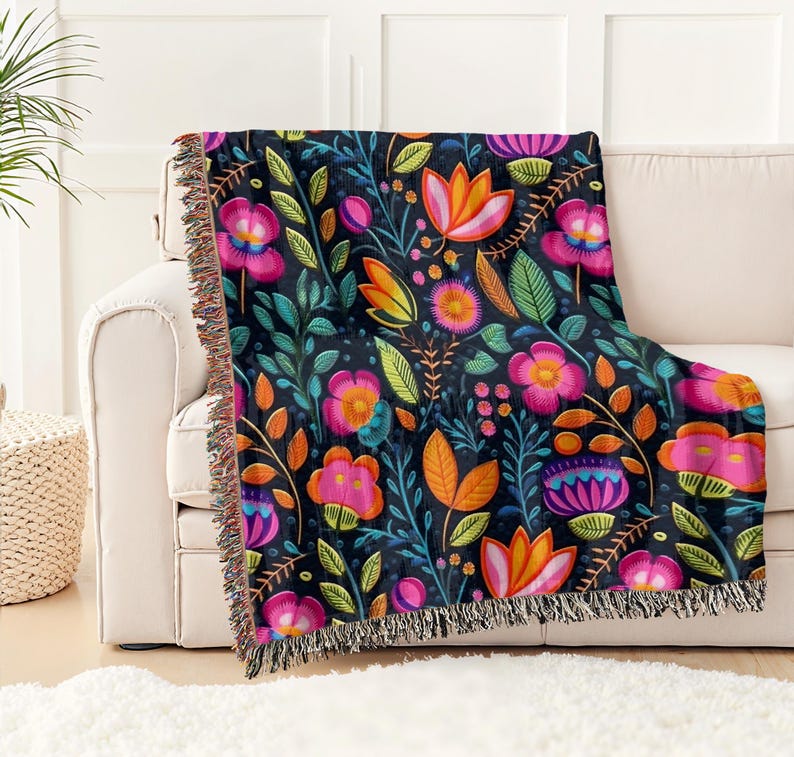 Personalized Mexican Folk Art Blanket: Floral Woven Cotton Throw, Boho Home Decor image 15