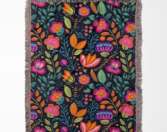 Personalized Mexican Folk Art Blanket: Floral Woven Cotton Throw, Boho Home Decor