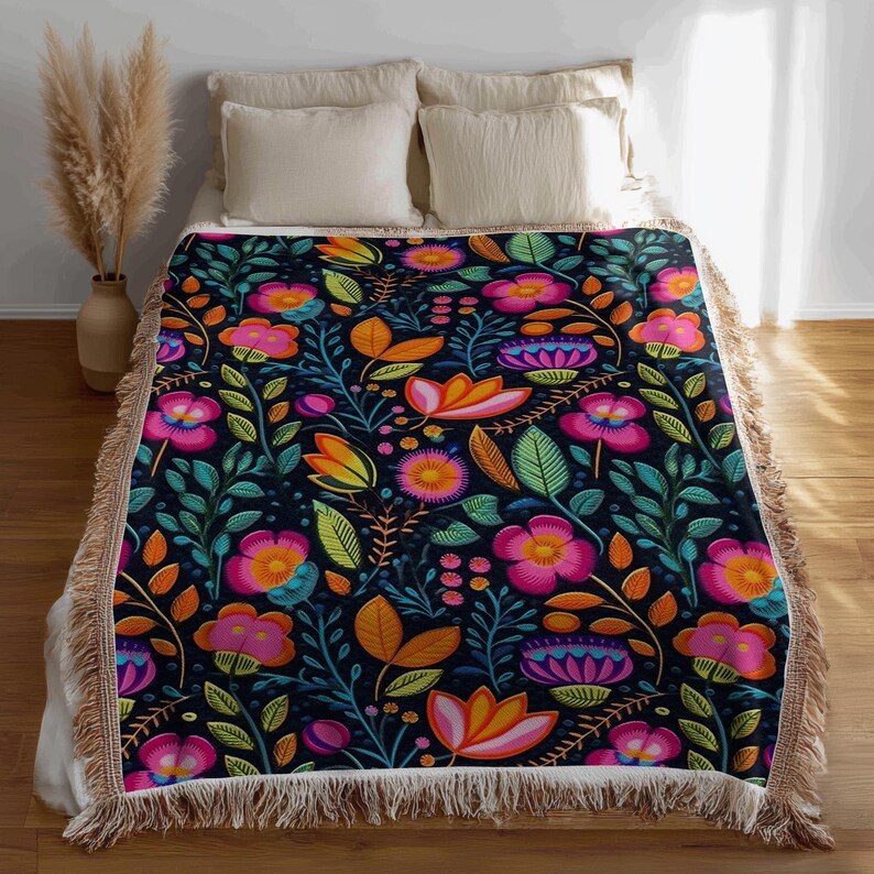 Personalized Mexican Folk Art Blanket: Floral Woven Cotton Throw, Boho Home Decor image 6