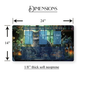 May include: A tarot mat featuring a black cat with green eyes, surrounded by bottles and plants. The mat is 24 inches wide and 14 inches tall, and is made of 1/8 inch thick soft neoprene. The mat has three card spaces labeled "Card 1", "Card 2", and "Card 3", with text describing the meaning of each card position.