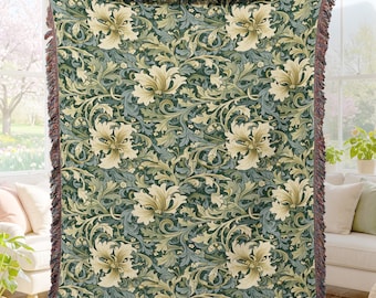 William Morris Inspired Blanket, Arts and Crafts Floral Throw, Vintage Botanical Cottagecore Decor